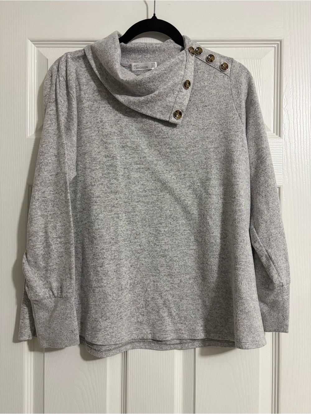 Madison Light Gray Cowl Neck Button-Shoulder Sweater